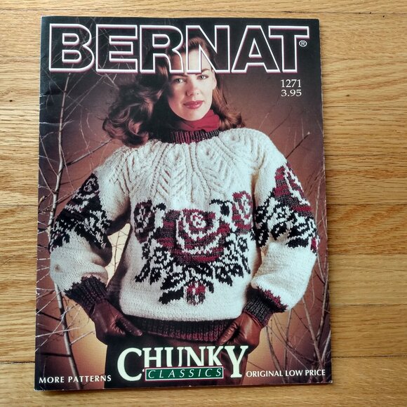 Vintage Chunky Sweater Knitting Pattern Book Bernat 1271 Thunderbird Rose - Picture 1 of 12